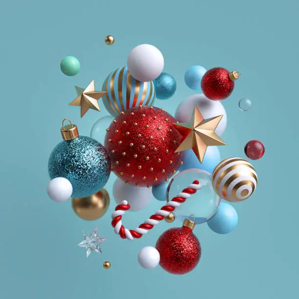 Photo of 3d Christmas background. Winter holiday ornaments levitating. Red blue white glass balls, candy cane, golden stars isolated. Festive clip art. Arrangement of levitating objects.