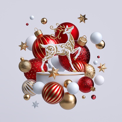 3d Christmas reindeer with ornaments isolated on white background. Decorative deer with golden antlers standing on white pedestal surrounded with colorful glass balls. Holiday clip art.