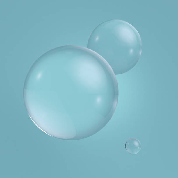 3d clear glass balls, transparent bubbles, isolated on blue background. clean style - balão enfeite imagens e fotografias de stock