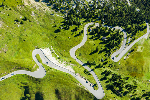 Aerial view of an alpine road surrounded by Italian alps and pine forest.