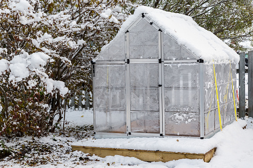 Little back yard home greenhouse in the snow.