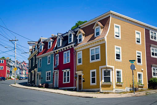 Unique architecture in the colorful houses on the steep streets of St. John's, Newfoundland.