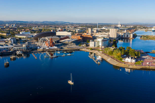 Aerial view of Cardiff Bay Aerial view of Cardiff Bay, the Capital of Wales, UK 2019 on a clear sky summer day cardiff wales stock pictures, royalty-free photos & images