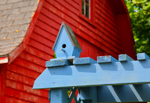 A wooden birdhouse on top of a blue arbour in a back yard garden.