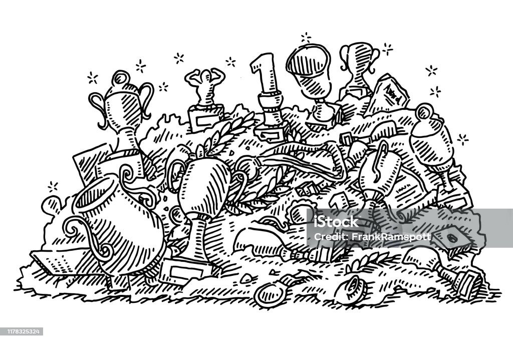 Pile Of Rubbish Awards And Trophies Drawing Hand-drawn vector drawing of a Pile Of Rubbish with Awards And Trophies. Black-and-White sketch on a transparent background (.eps-file). Included files are EPS (v10) and Hi-Res JPG. Garbage stock vector