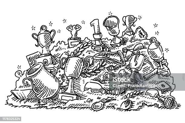 Pile Of Rubbish Awards And Trophies Drawing Stock Illustration - Download Image Now - Garbage, Award, Heap