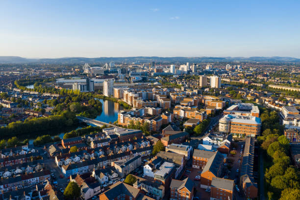 Aerial view of Cardiff Bay Aerial view of Cardiff Bay, the Capital of Wales, UK 2019 on a clear sky summer day welsh culture stock pictures, royalty-free photos & images