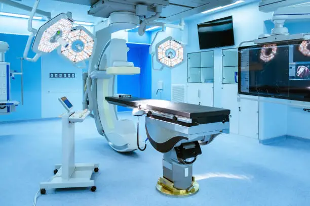 Equipment and medical devices in hybrid operating room blue filter , Surgical procedures , the operating room of the Future.