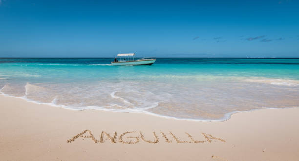 Aerial view a woman walking along the shoreline of Shoal Bay Beach with crashing waves and palm trees on the island of Anguilla..