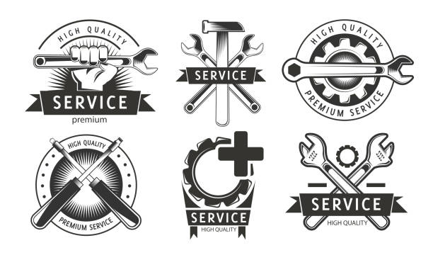 Maintenance work. Service, repair set of labels or logos. High quality. Hammer, wrench, washer, screwdriver elements in logotype. Monochrome sign. Maintenance work. Service, repair set of labels or logos. High quality. Hammer, wrench, washer, screwdriver elements in logotype. Monochrome sign. appliance repair stock illustrations