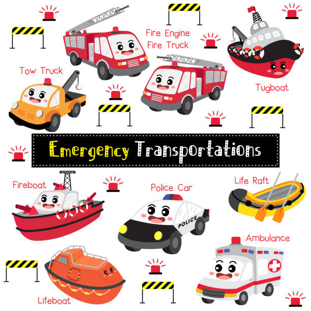 zestaw kreskówek transporty awaryjne z ilustracją wektorową nazwy pojazdów - inflatable raft flash stock illustrations