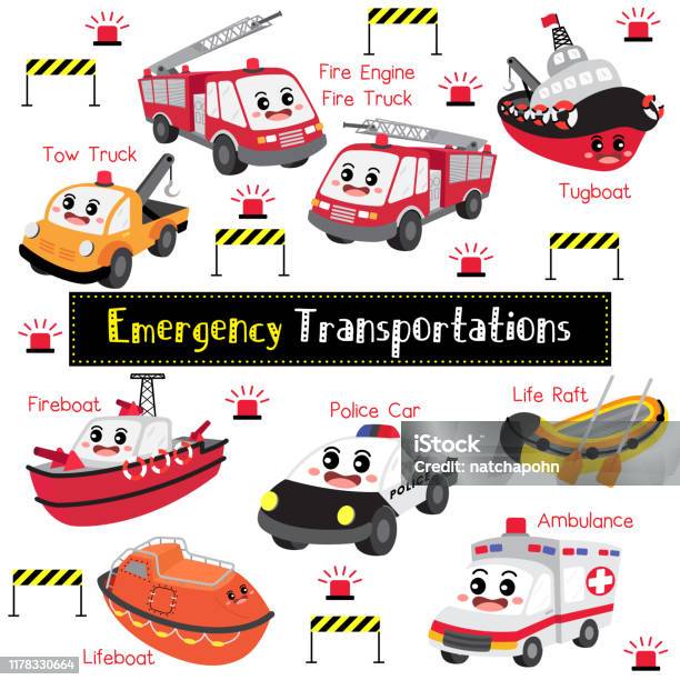Emergency Transportations Cartoon Set With Vehicles Name Vector  Illustration Stock Illustration - Download Image Now - iStock