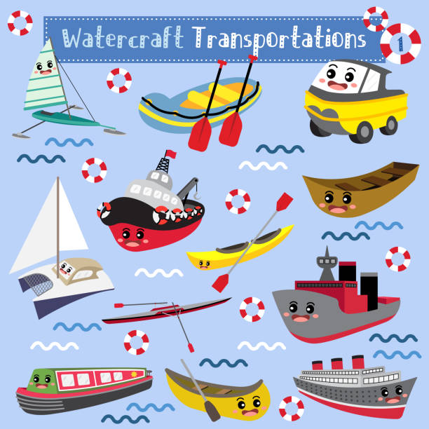 watercraft transportations cartoon set in perspektivischen ansicht vektor illustration set 1 - narrow boat stock-grafiken, -clipart, -cartoons und -symbole