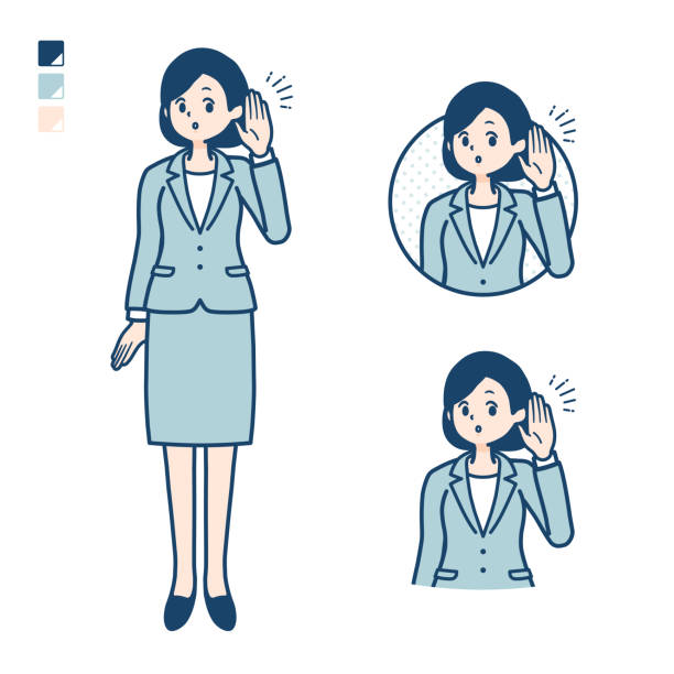 ilustrações de stock, clip art, desenhos animados e ícones de simple suit business woman_listening - manga style cute gossip computer icon