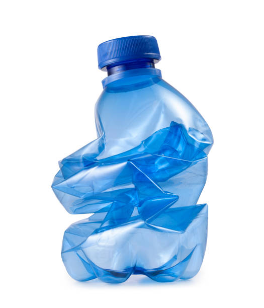 Crushed plastic bottle. Photo with clipping path. Blue plastic bottle trash waste ecology on white background. crushed stock pictures, royalty-free photos & images