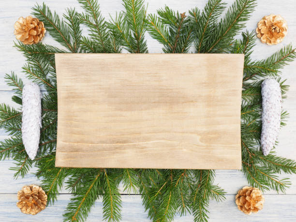 istock Fir tree branch with cones, brown nameplate. Winter holidays concept 1178332496