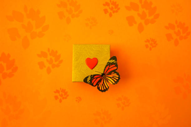 Gold gift box with beautiful butterfly on orange flowers background.