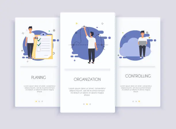 Vector illustration of Onboarding screens user interface kit for mobile app templates concept of controlling. Business processes. Concept for web banners, websites, infographics.