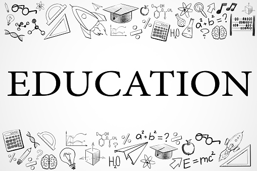 Creative educational sketch on white background with text. Education and science concept, 3D Rendering