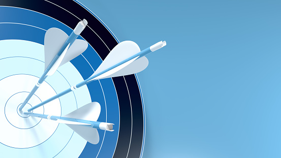 Three blue arrows hit the center of an archery target, isolated on blue background 3D rendering. Illustration for corporate strategy, increase business performance and reach its goal.