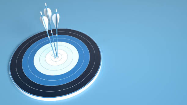 Archery target hit in the center by three blue arrows, isolated on blue background