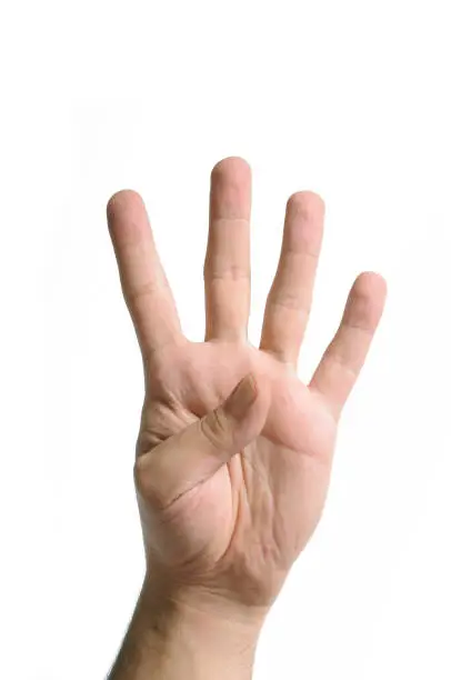 Photo of Man hand counting four isolated on white background