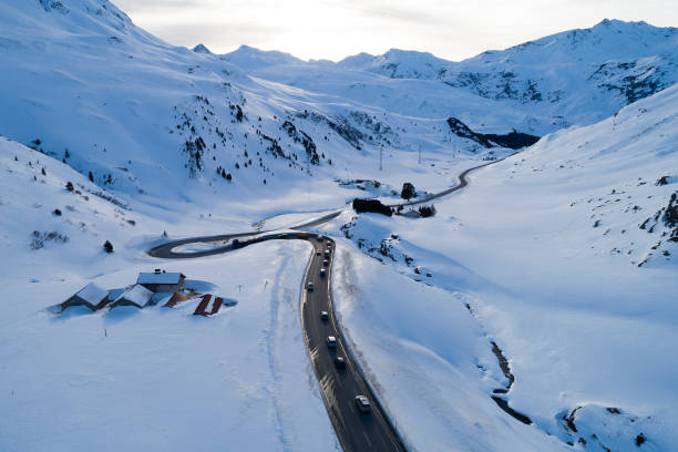 Winter Landscape with Mountain Road, Aerial View