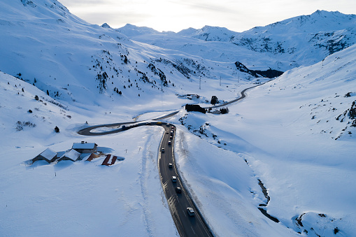 Aerial view of a winding mountain road, Julier Pass, Graubunden Canton, Switzerland.