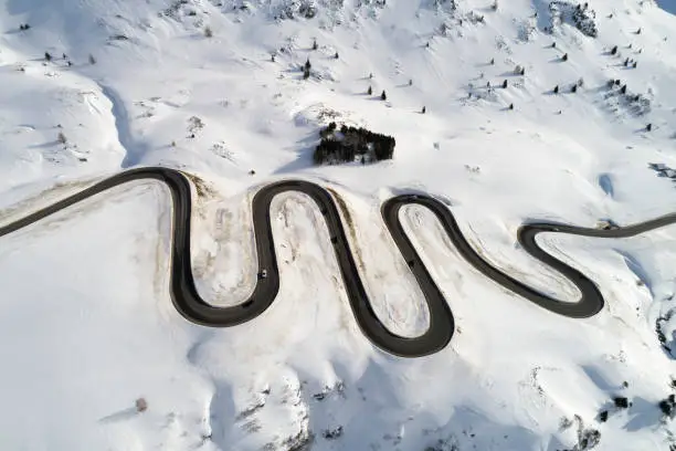 Aerial view of a winding mountain road, Julier Pass, Graubunden Canton, Switzerland.