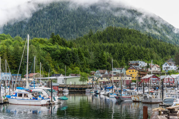 ketchican the salmon capital of the world. a place to shop and sight see the historic town - alaskan salmon imagens e fotografias de stock