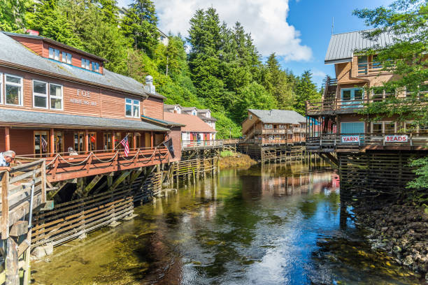 Creek Street historic boardwalk in Ketchikan Ketchikan, Alaska / USA - 06/30/2015 Creek Street historic boardwalk in Ketchikan alaska gold rush stock pictures, royalty-free photos & images