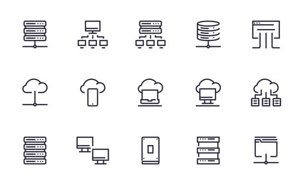ilustrações, clipart, desenhos animados e ícones de ícones do banco de dados do servidor definem estilo de contorno - wireless technology transfer image cloud symbol