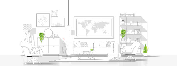Interior design with modern living room in black line sketch on white background , vector , illustration Interior design with modern living room in black line sketch on white background , vector , illustration living room illustrations stock illustrations