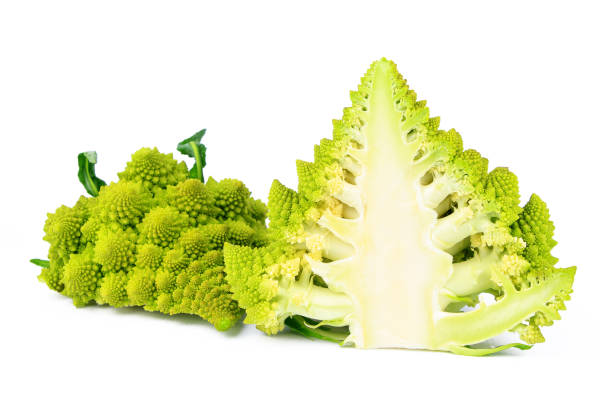 istock Romanesco broccoli cut in half, both sides, isolated on white 1178352673