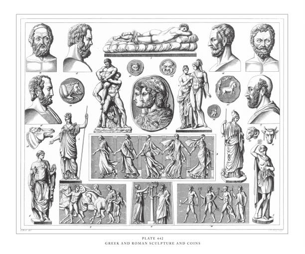 ilustrações, clipart, desenhos animados e ícones de escultura grega e romana e moedas gravura antiga ilustração, publicado 1851 - classical greek roman statue warrior