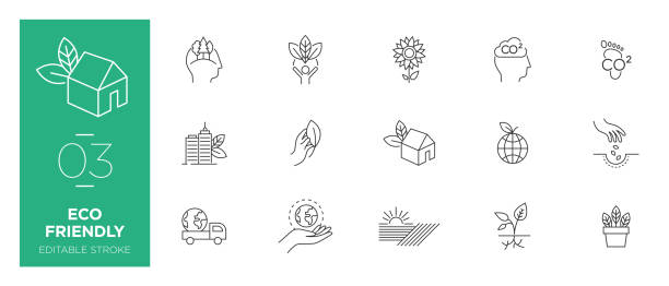 zestaw ikon linii przyjaznych dla środowiska - nowoczesne ikony - environmental conservation recycling thinking global warming stock illustrations