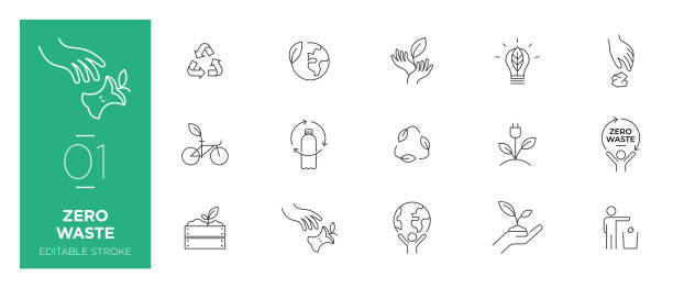 ilustraciones, imágenes clip art, dibujos animados e iconos de stock de conjunto de iconos de línea de desecho cero - iconos modernos - sostenibilidad