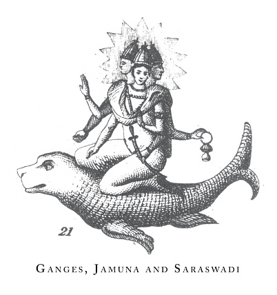Ganges, Jamuna and Saraswadi, Hindu and Buddhist Religious Symbols and Religious Implements Engraving Antique Illustration, Published 1851. Source: Original edition from my own archives. Copyright has expired on this artwork. Digitally restored.