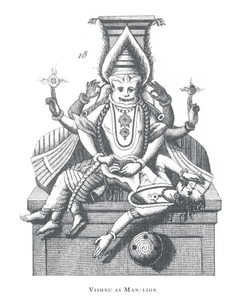 Vishnu as Man-lion, Hindu and Buddhist Religious Symbols and Religious Implements Engraving Antique Illustration, Published 1851 Vishnu as Man-lion, Hindu and Buddhist Religious Symbols and Religious Implements Engraving Antique Illustration, Published 1851. Source: Original edition from my own archives. Copyright has expired on this artwork. Digitally restored. brahma illustrations stock illustrations