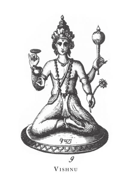 ilustrações, clipart, desenhos animados e ícones de vishnu, símbolos religiosos hindus e budistas e instrumentos religiosos gravura antiga ilustração, publicado 1851 - shiva hindu god statue dancing
