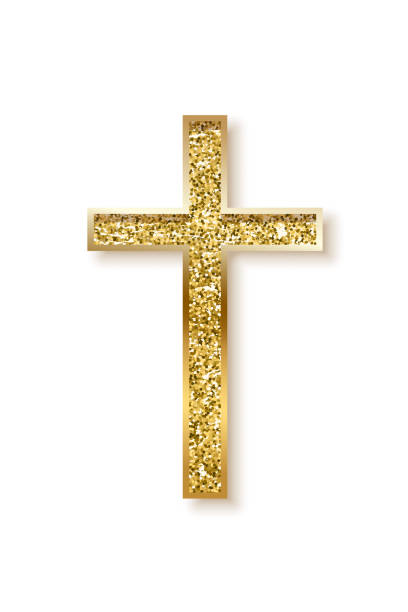 ilustraciones, imágenes clip art, dibujos animados e iconos de stock de oración de oro cruz ilustración vectorial realista - cross cross shape shiny gold