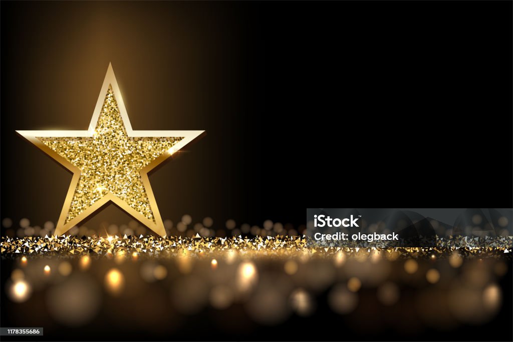 Złota musująca gwiazda wyizolowana na ciemnym, luksusowym, poziomym tle. Element projektu wektorowego. - Grafika wektorowa royalty-free (Nagroda)