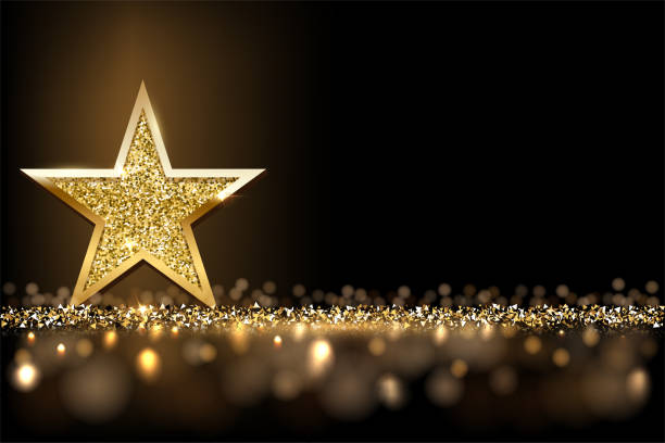 ilustrações de stock, clip art, desenhos animados e ícones de golden sparkling star isolated on dark luxury horizontal background. vector design element. - award