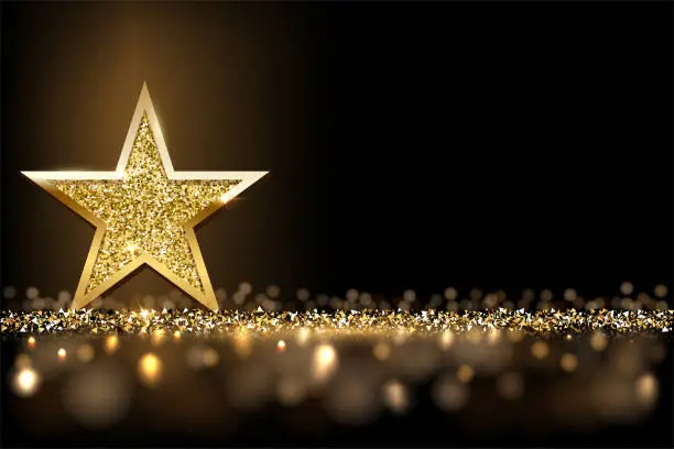 Vector illustration of Golden sparkling star isolated on dark luxury horizontal background. Vector design element.