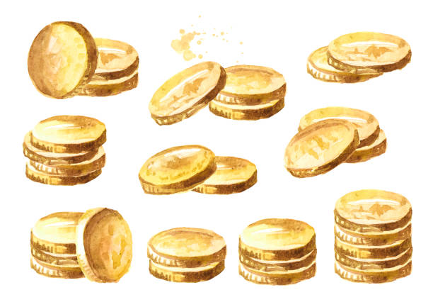 illustrazioni stock, clip art, cartoni animati e icone di tendenza di set di monete d'oro. illustrazione disegnata a mano ad acquerello isolata su sfondo bianco - treasure luck treasure chest wealth