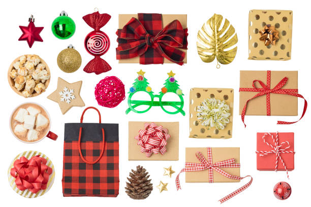 istock Christmas holiday concept with gift boxes, chocolate cup, ornaments and decorations isolated on white background. 1178357485
