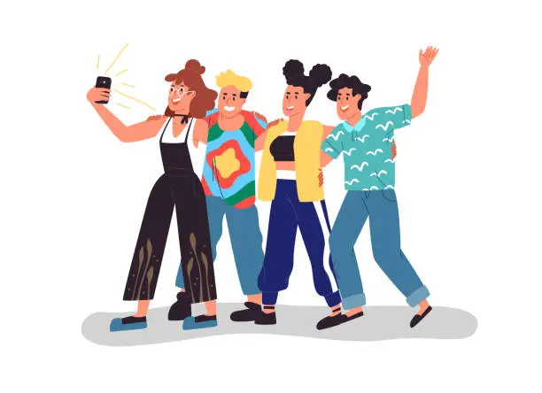 Vector illustration of Happy young friends hugging and taking selfie