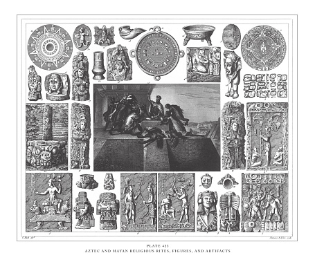 Aztec and Mayan Religious Rites, figures and Artifacts,  Engraving Antique Illustration, Published 1851. Source: Original edition from my own archives. Copyright has expired on this artwork. Digitally restored.