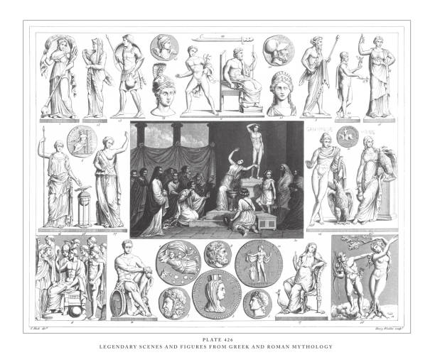 ilustrações, clipart, desenhos animados e ícones de cenas lendárias e figuras da mitologia grega e romana gravura antiga ilustração, publicado 1851 - classical greek roman statue warrior