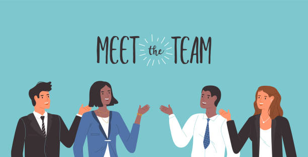 Meet the team concept diverse business men women Meet the team concept of diverse office people waving hello. Business men and women group for corporate portrait or staff presentation. meet the team stock illustrations
